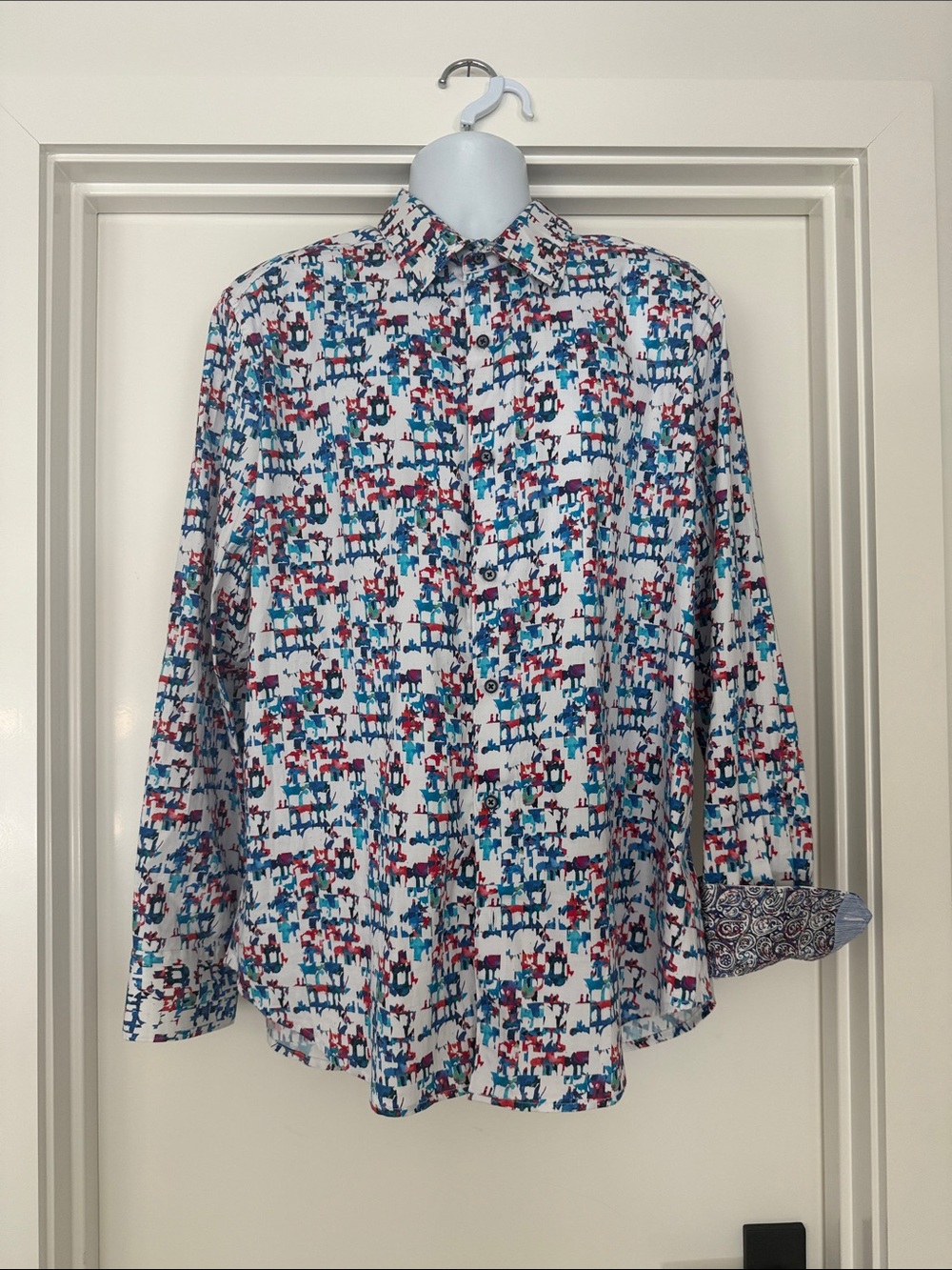 Robert Graham White Button-Down Shirt with Blue and Red Print XXL